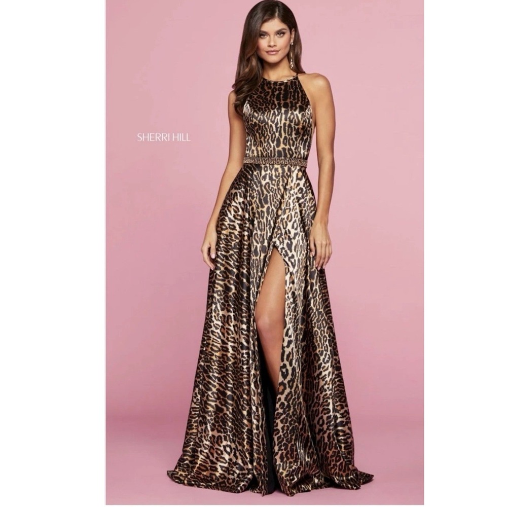 Sherri Hill Animal Print Satin Gown 12 Brown Leopard Rhinestone Halter Formal